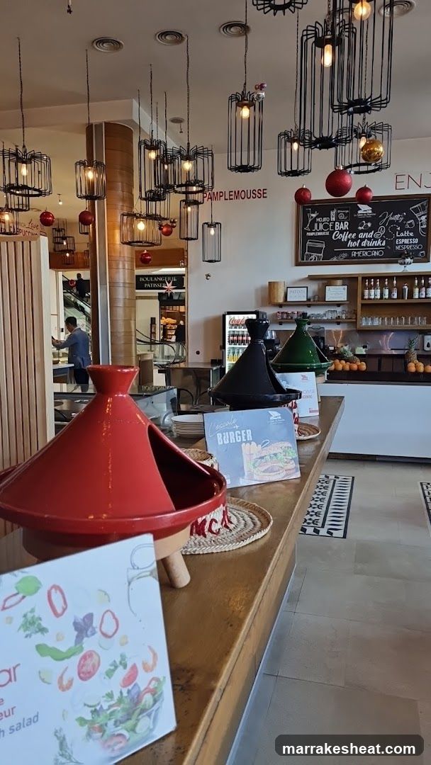 Interior of a restaurant or cafe with tagine pots on counter