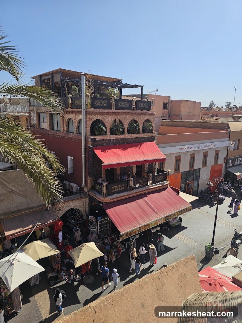 Street Market Scene with Red Awning Building