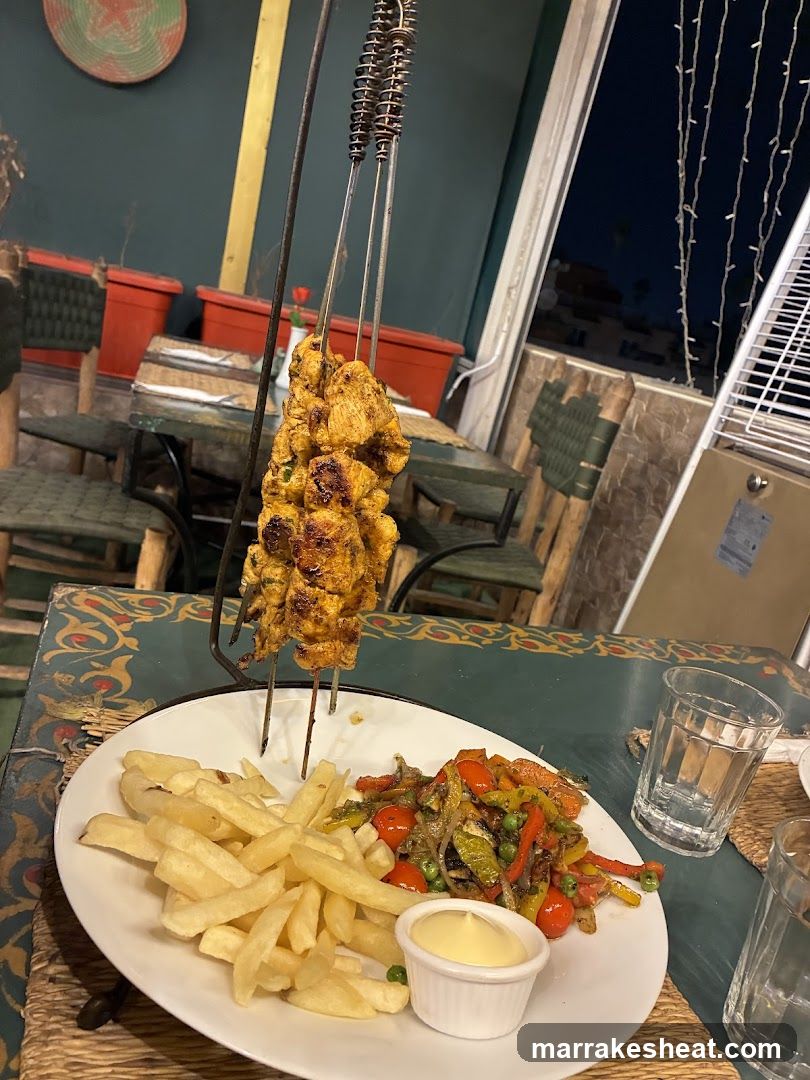 Grilled Skewer Meal with Fries and Salad