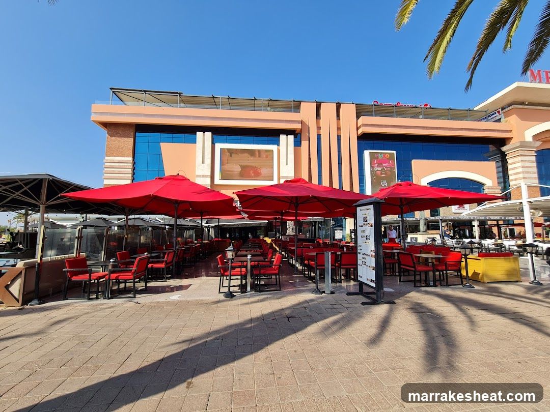 Outdoor Cafe with Red Umbrellas