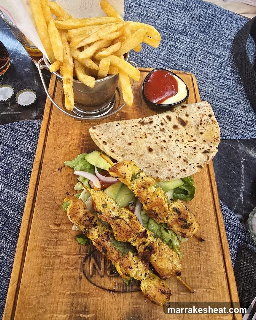 Grilled Chicken Skewers with Fries and Flatbread