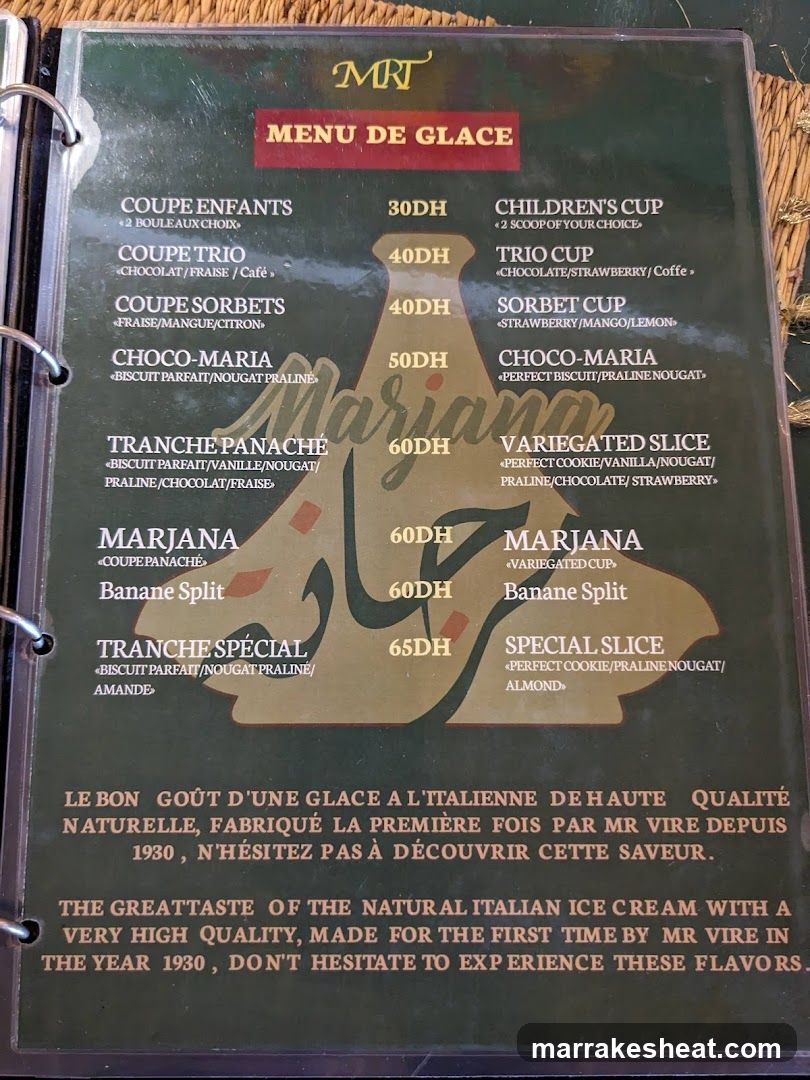 A menu board listing ice cream flavors and prices, featuring a central illustration of an ice cream cone with the brand name 'Marjana' overlaid.