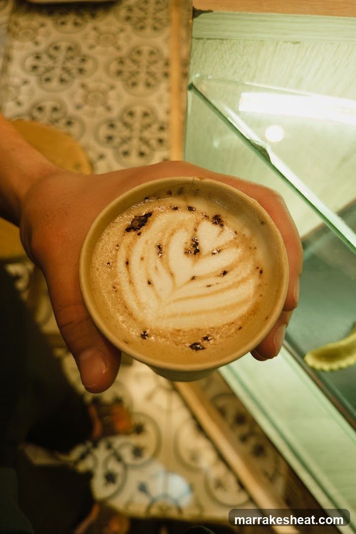 A hand holding a cup of coffee with latte art, featuring a leaf design on the foam. The background includes patterned tiles and part of a glass display case.
