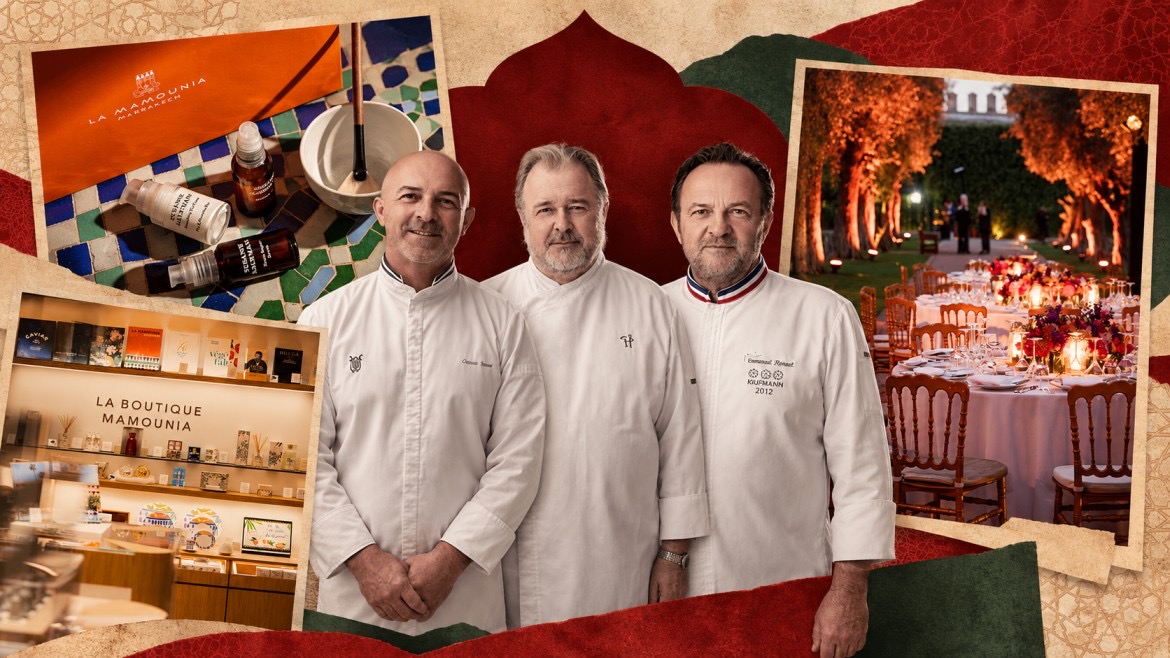 Emmanuel Renaut, Olivier Nasti and Pierre Hermé collage for La Mamounia autumn dinners 2026