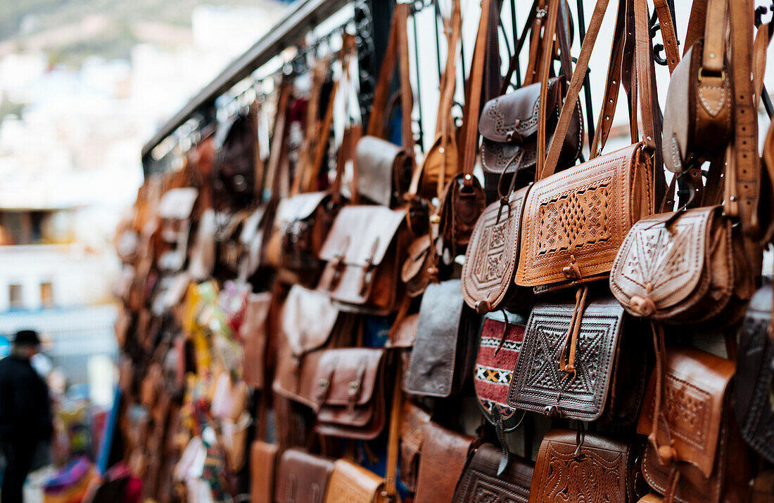 Leather goods for sale in the souk